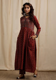 Set of 2: Red Ajrakh Print Flaredand Gathered Kurta with Pockets and red Ajrakh Print Straight Pants