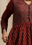 Set of 2: Red Ajrakh Print Flaredand Gathered Kurta with Pockets and red Ajrakh Print Straight Pants
