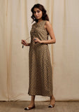 Olive Green Tie-up Neck Ajrakh Print Dress