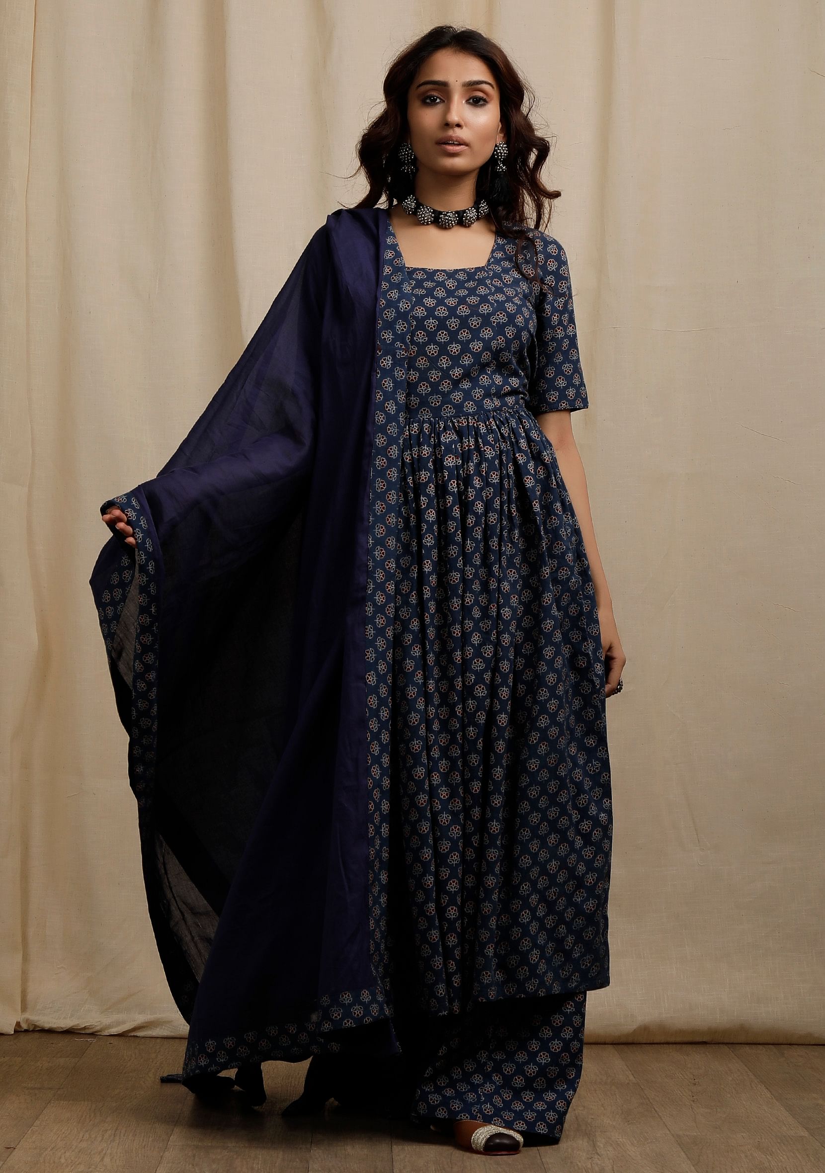 Set of 3:  Blue Ajrakh Print Gathered and Cotton Plain dupatta with Ajrakh Print Flared Pants
