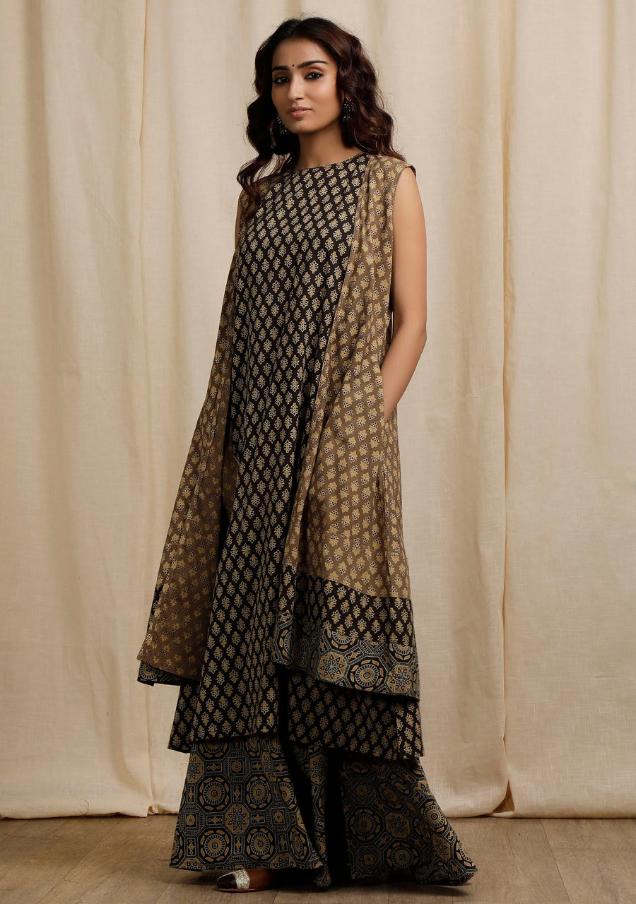 Jhoomar Viscose Glass Organza Navy Ajrakh Print Kurta Set