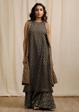 Olive Green with Dark Brown Ajrakh Print Sleeveless Flared Overlay