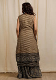 Olive Green with Dark Brown Ajrakh Print Sleeveless Flared Overlay