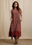 Red Ajrakh Print Sleeveless Asymmetrical Dress