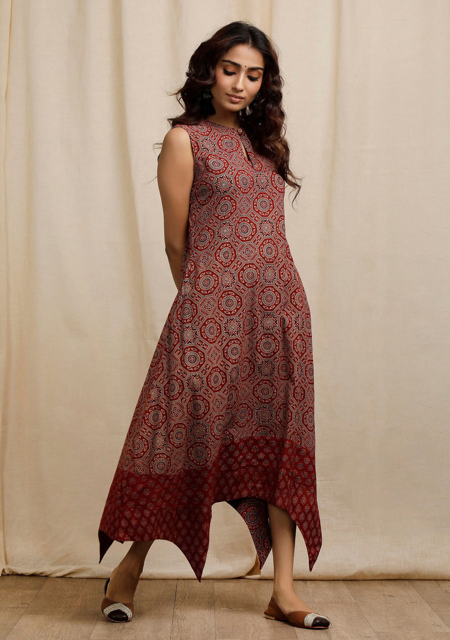 ajrakh dress design Kisha Magenta Ajrakh Design Satin Adjustable Tie-Back Saree Dress