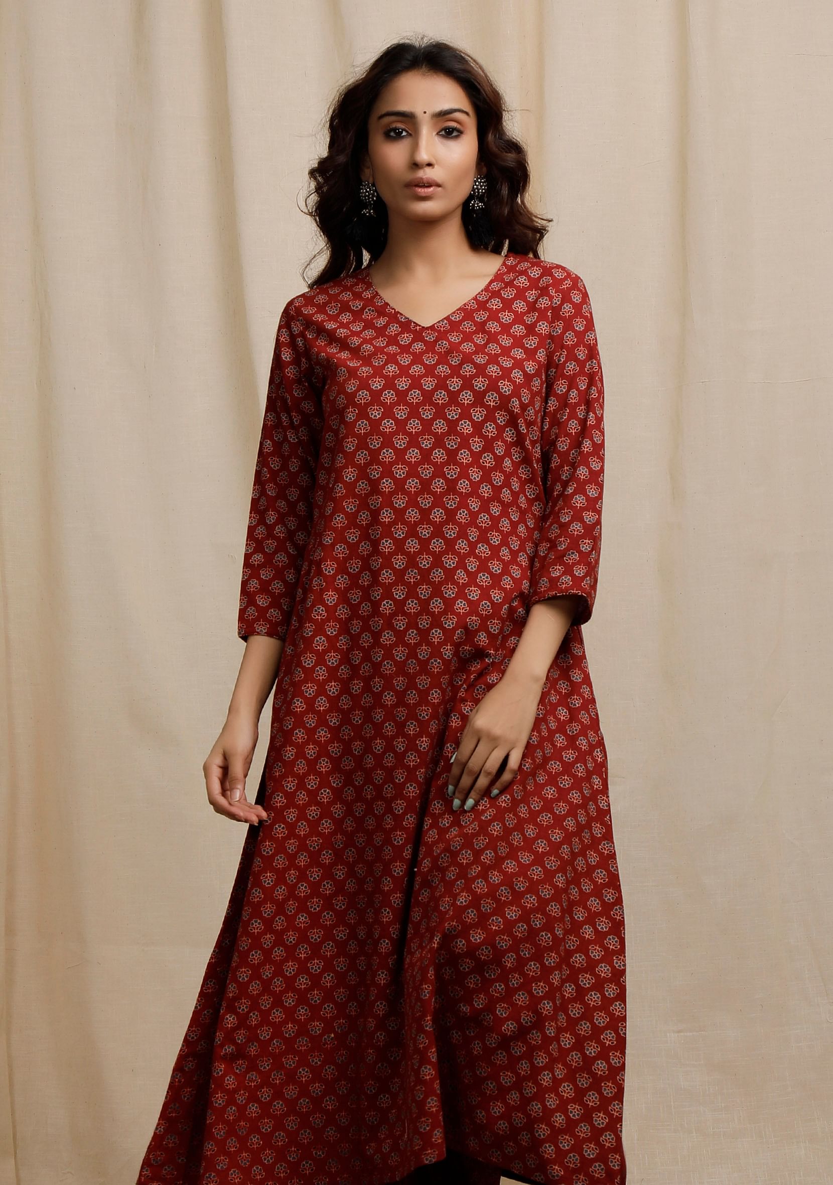 Buy Red Stripes Ajrakh Print Kurta In Modal Satin Online - Shop for W