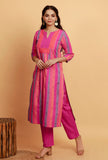 Set of 2: Pink Multi Color Woven Stripe Kurta with Pink Straight Pants