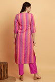 Set of 2: Pink Multi Color Woven Stripe Kurta with Pink Straight Pants