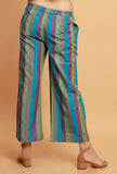 Set of 2:  Blue  Multicolor Flared Sleeveless Kurta with Multicolor Stripe Woven Straight Pants