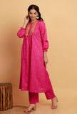 Set of 2:  Pink  A-line Woven Kurta with Pink Woven Straight Pants