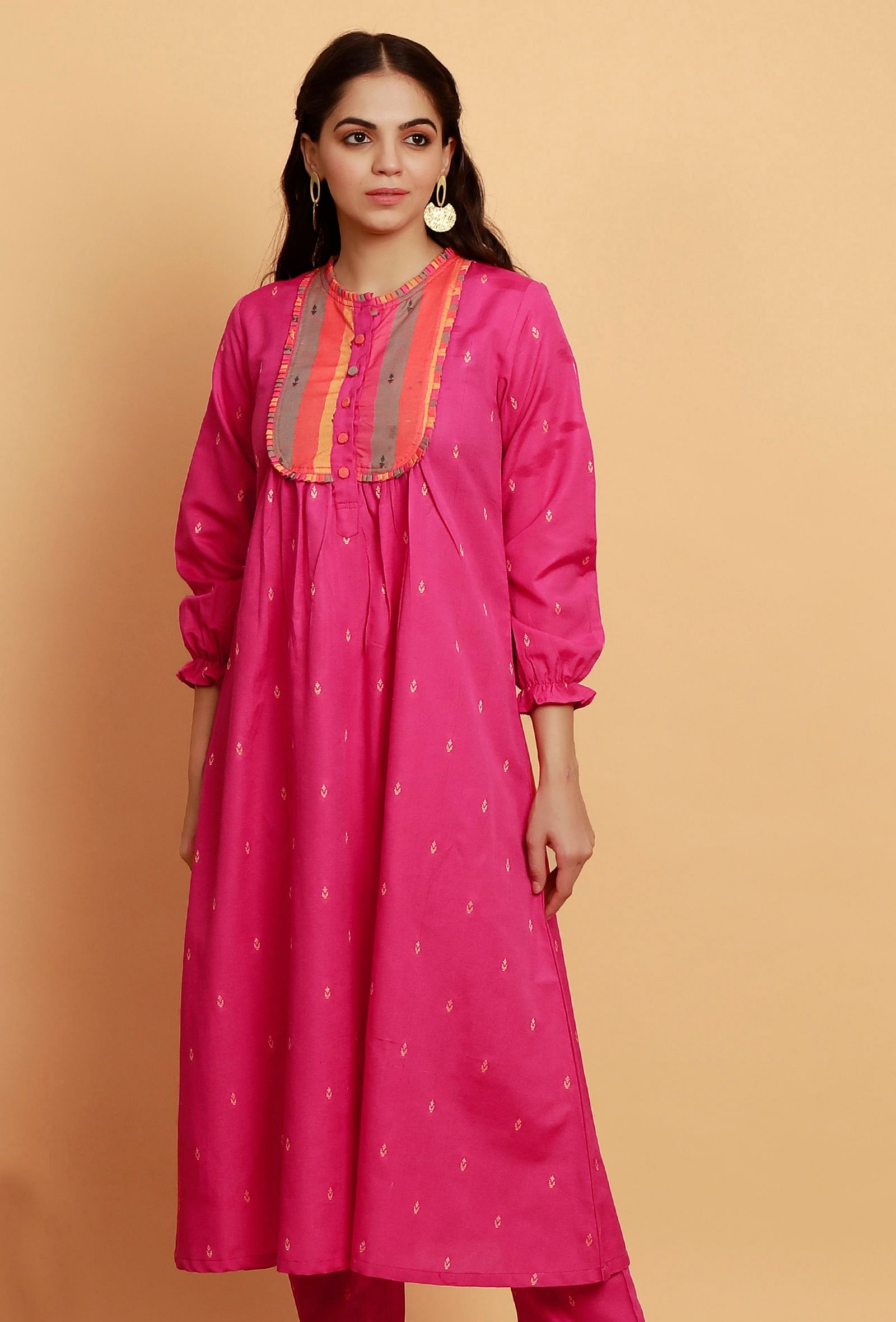 Pink  A-line Cotton Kurta with Puffed sleeves