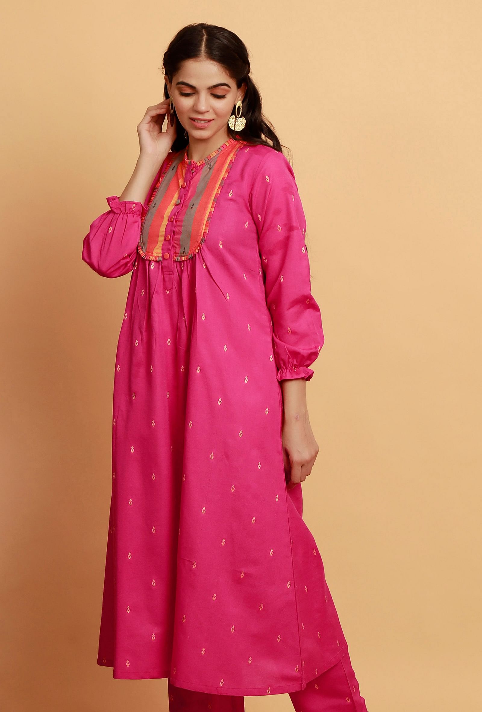 Pink  A-line Cotton Kurta with Puffed sleeves