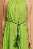 Mint Green Halter Neck Gathered Flared Sleeveless Woven Kurta with Tie Around Waist Belt