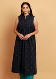 Oxford Blue Flared And Gathered Sleeveless Woven Kurta