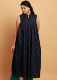 Oxford Blue Flared And Gathered Sleeveless Woven Kurta