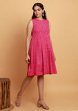 Pink Pleated Flared Sleeveless Woven Dress