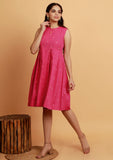 Pink Pleated Flared Sleeveless Woven Dress