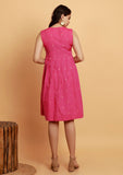 Pink Pleated Flared Sleeveless Woven Dress