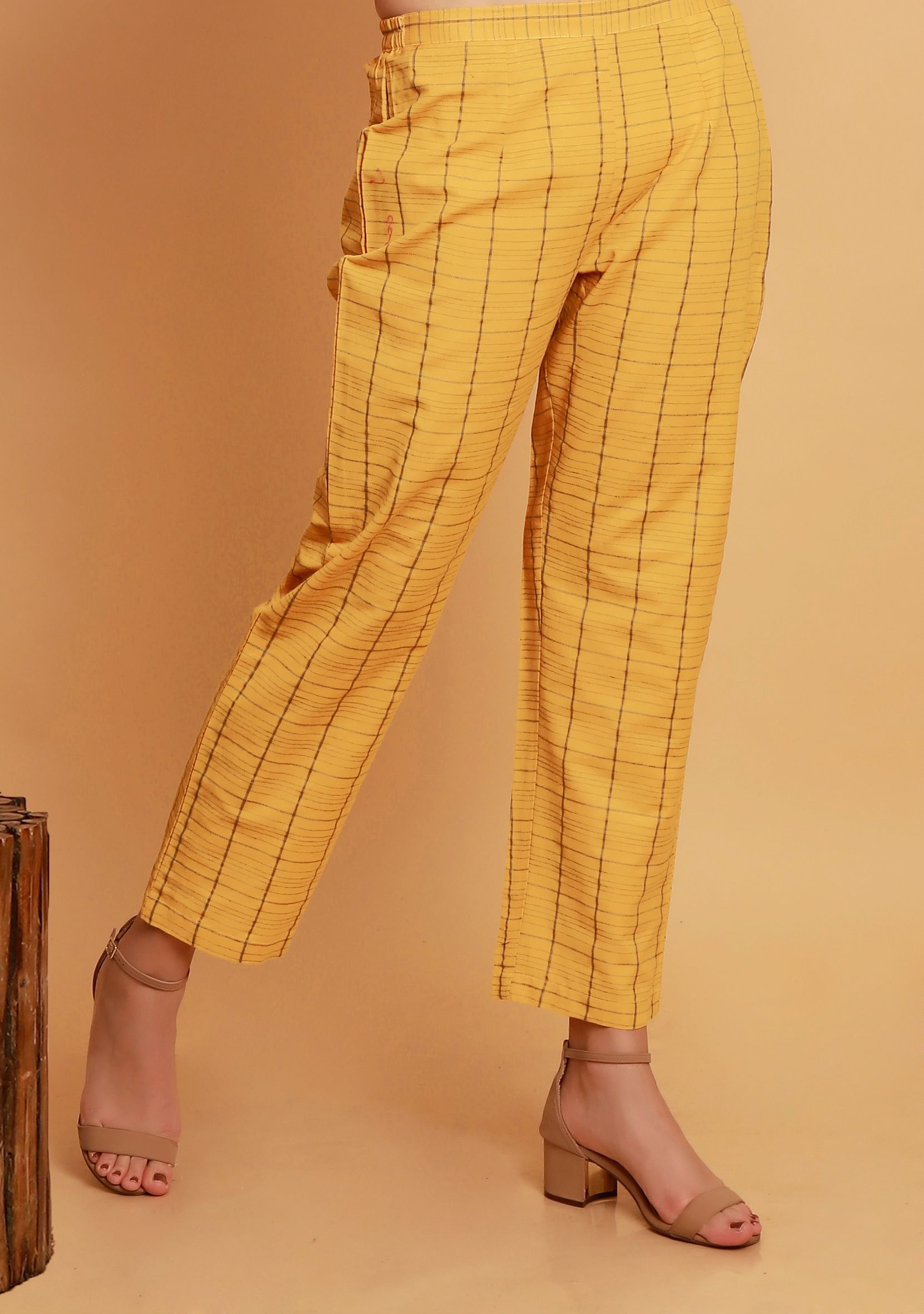 Yellow Checks Straight Woven Pants