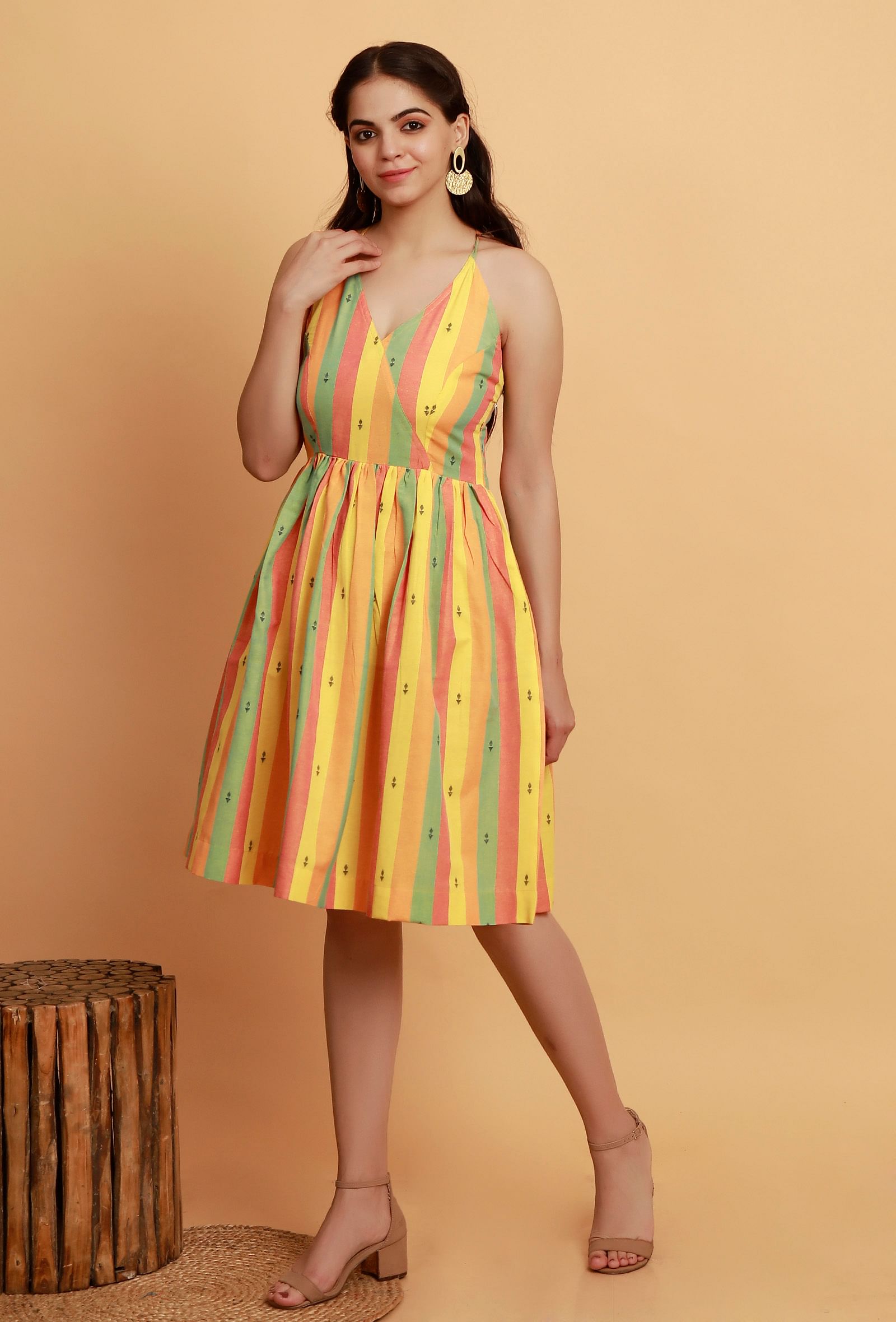 Yellow Multicolor Flared Sleeveless Woven Dress