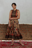 Beige Kalamkari Printed Cotton Silk Long Dress With Single Buckle Cruelty Free Leather Belt