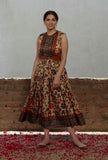 Beige Kalamkari Printed Cotton Silk Long Dress With Single Buckle Cruelty Free Leather Belt