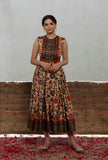 Beige Kalamkari Printed Cotton Silk Box Pleated Long Dress