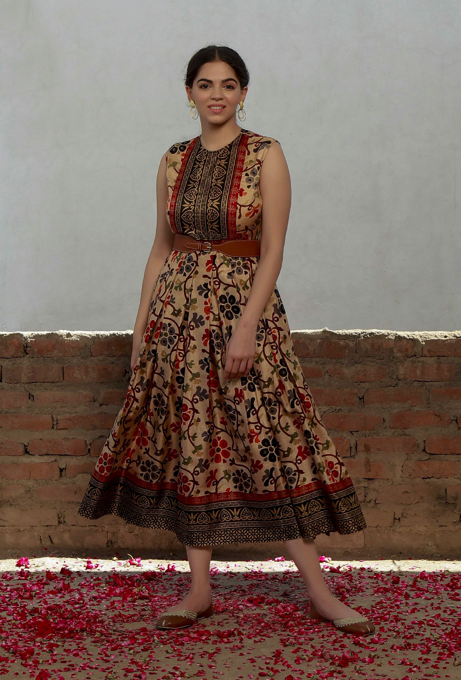 Beige Kalamkari Printed Cotton Silk Box Pleated Long Dress