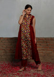 Set Of 2: Maroon Kalamkari  Plated Kurta With Narrow Pants