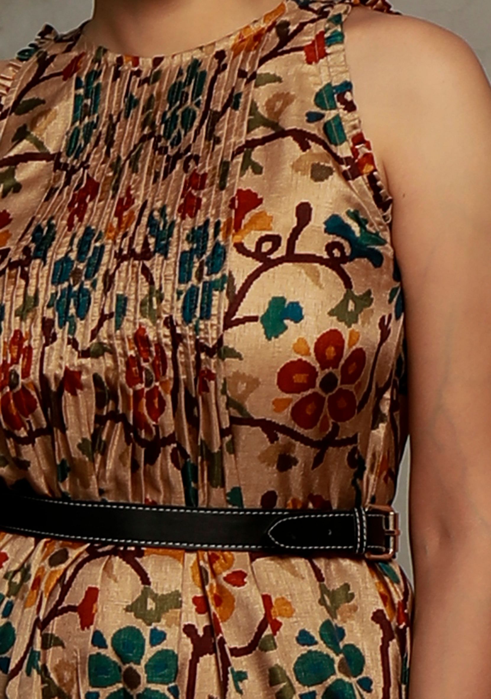 Beige Kalamkari Printed Cotton Silk Pintuck A Line Dress With Single Buckle Cruelty Free Leather Belt