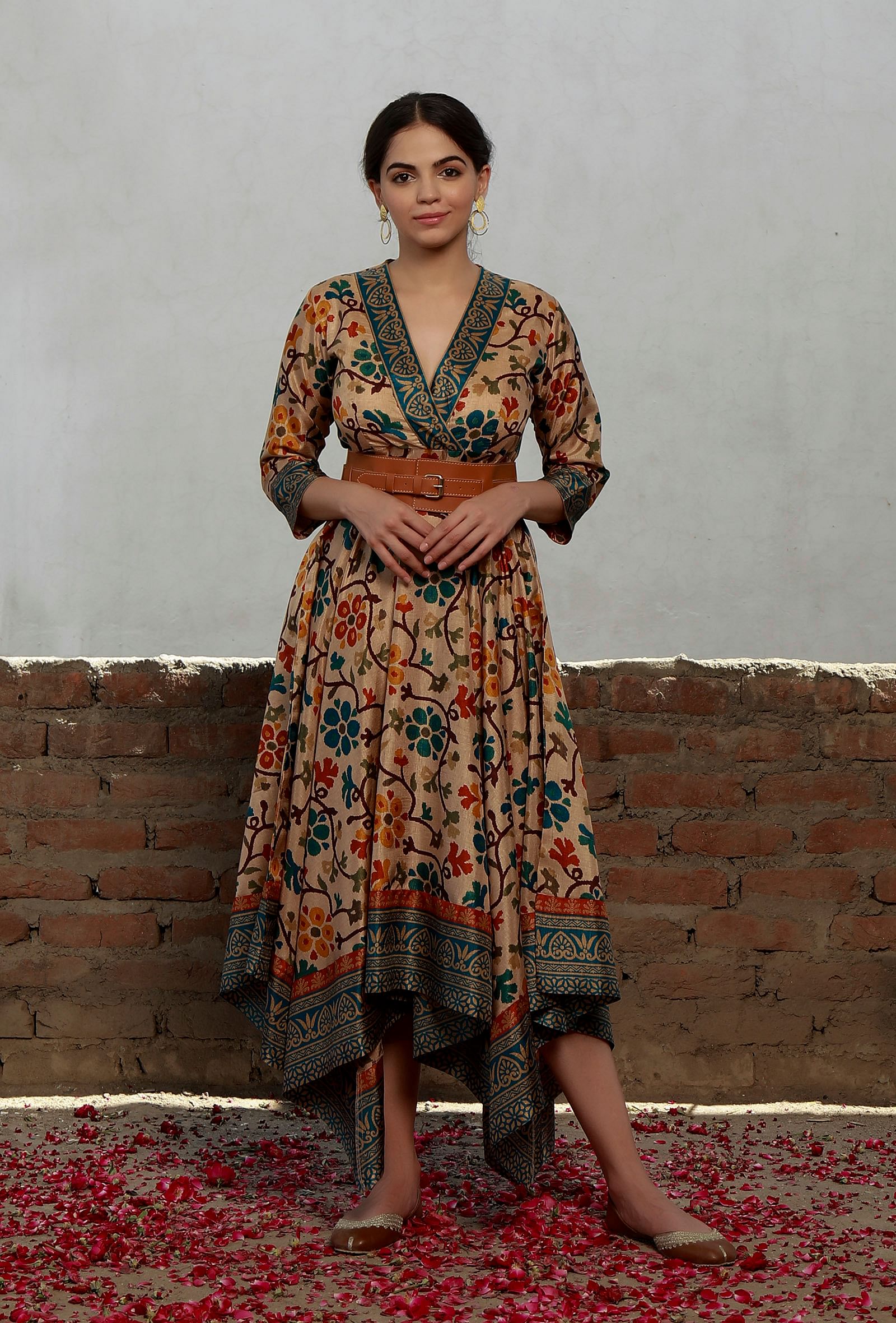 Beige Kalamkari Printed Cotton Silk Asymmetrical Dress With Single Buckle Cruelty Free Wide Leather Belt
