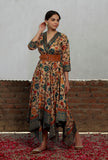 Beige Kalamkari Printed Cotton Silk Asymmetrical Dress With Single Buckle Cruelty Free Wide Leather Belt