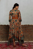 Beige Kalamkari Printed Cotton Silk Asymmetrical Dress With Single Buckle Cruelty Free Wide Leather Belt