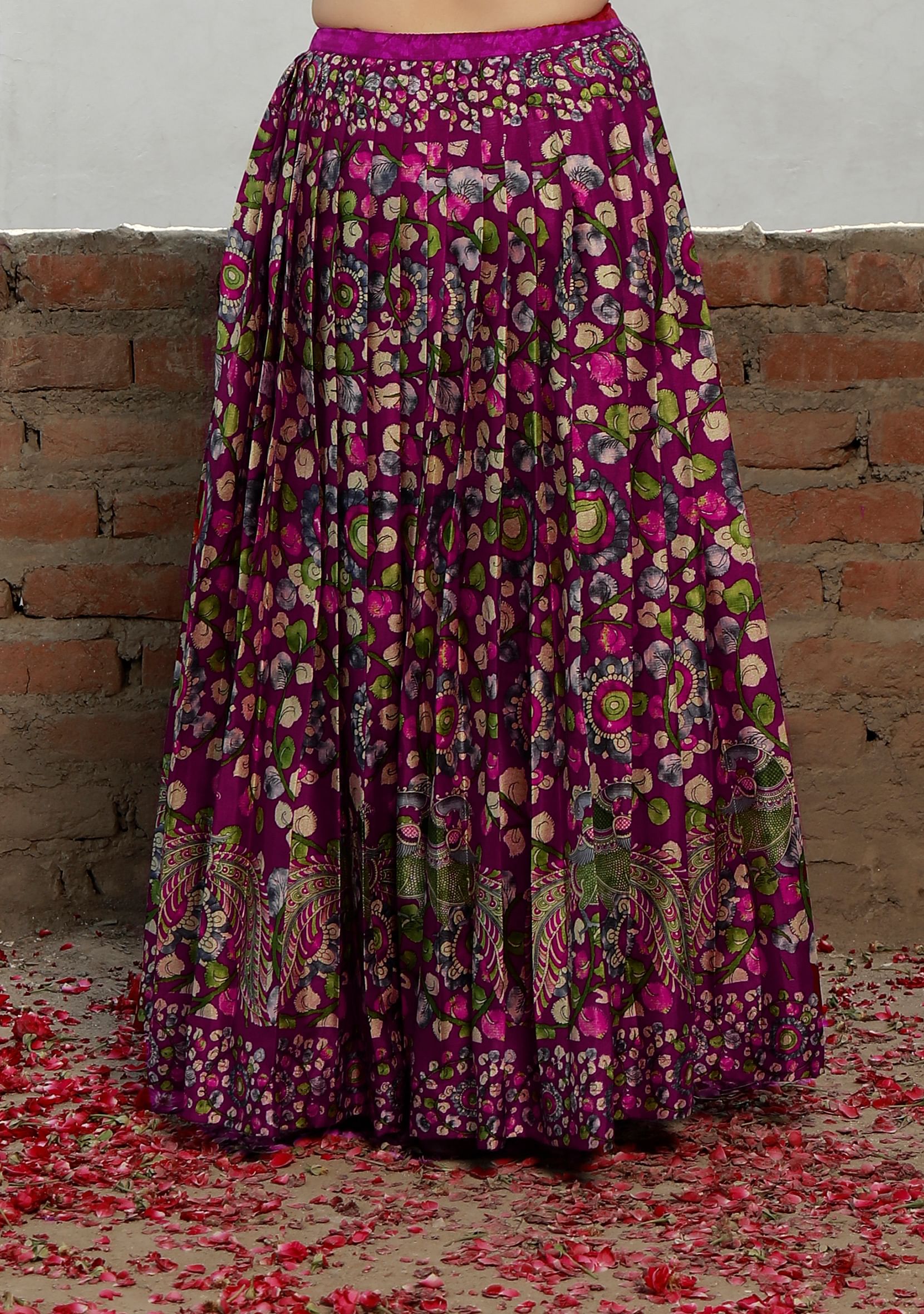 Set Of 3: Plum Kalamkari Printed Cotton Silk High Neck Crop Blouse With Printed Cotton Silk  Long Skirt & Georgette Dupatta.