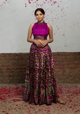 Set Of 2: Plum Kalamkari Printed Cotton Silk High Neck Crop Blouse With Printed Cotton Silk Pleated Long Skirt