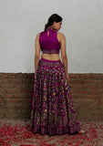 Set Of 2: Plum Kalamkari Printed Cotton Silk High Neck Crop Blouse With Printed Cotton Silk Pleated Long Skirt