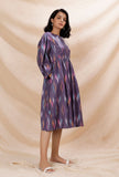 Purple Gathered And Flared Cotton Ikkat Dress