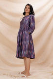 Purple Gathered And Flared Cotton Ikkat Dress