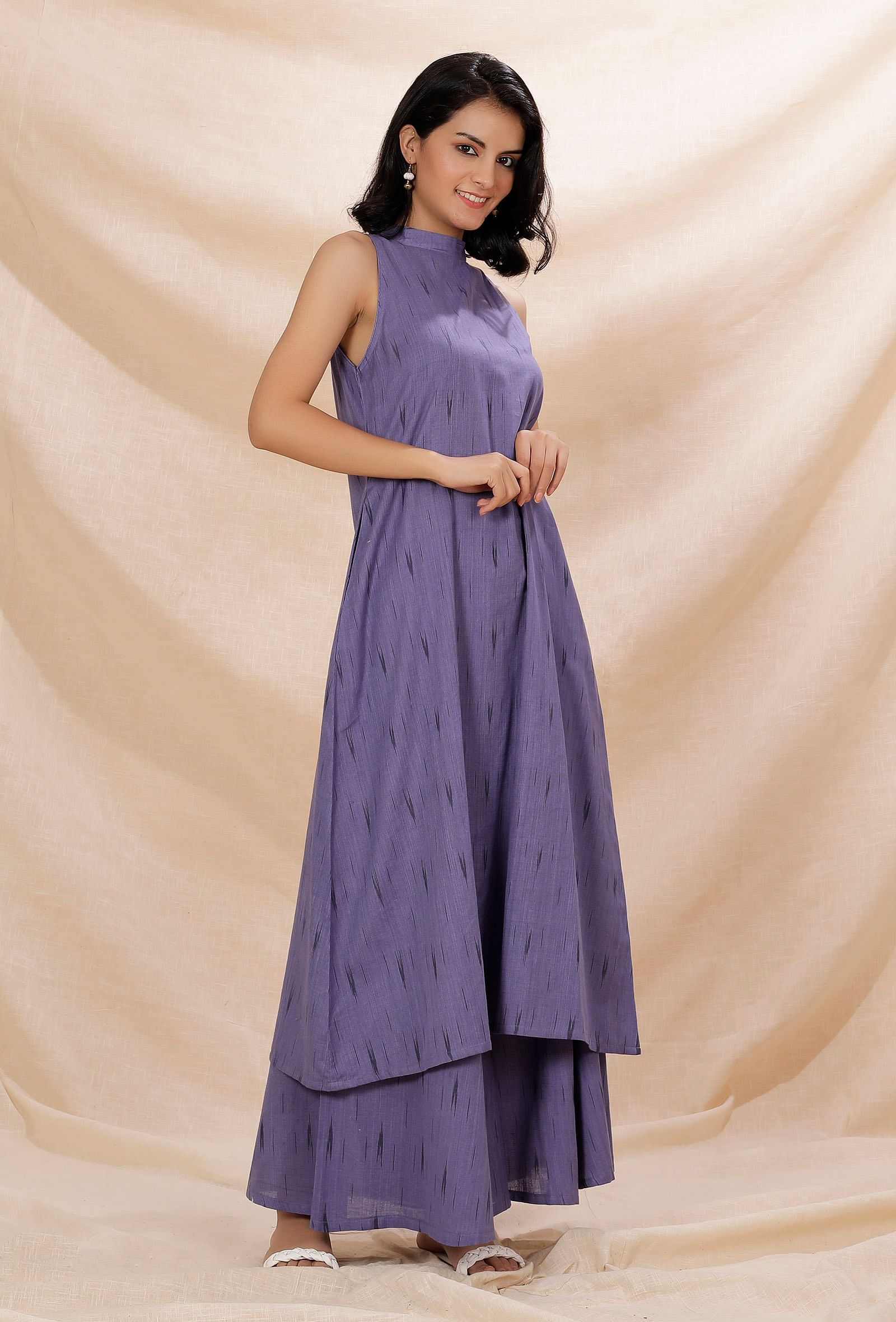 Set of 2 Mauve Halter Neck Cotton Ikkat Kurta With Flared Pants