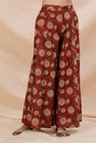 Rust Red Kalamkari Contrast Print Flared Cotton Pants