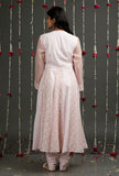 Set Of 2: Pearl Pink Floral Jamdani Angrakha Kurta Dress With Pink Churidar Pants
