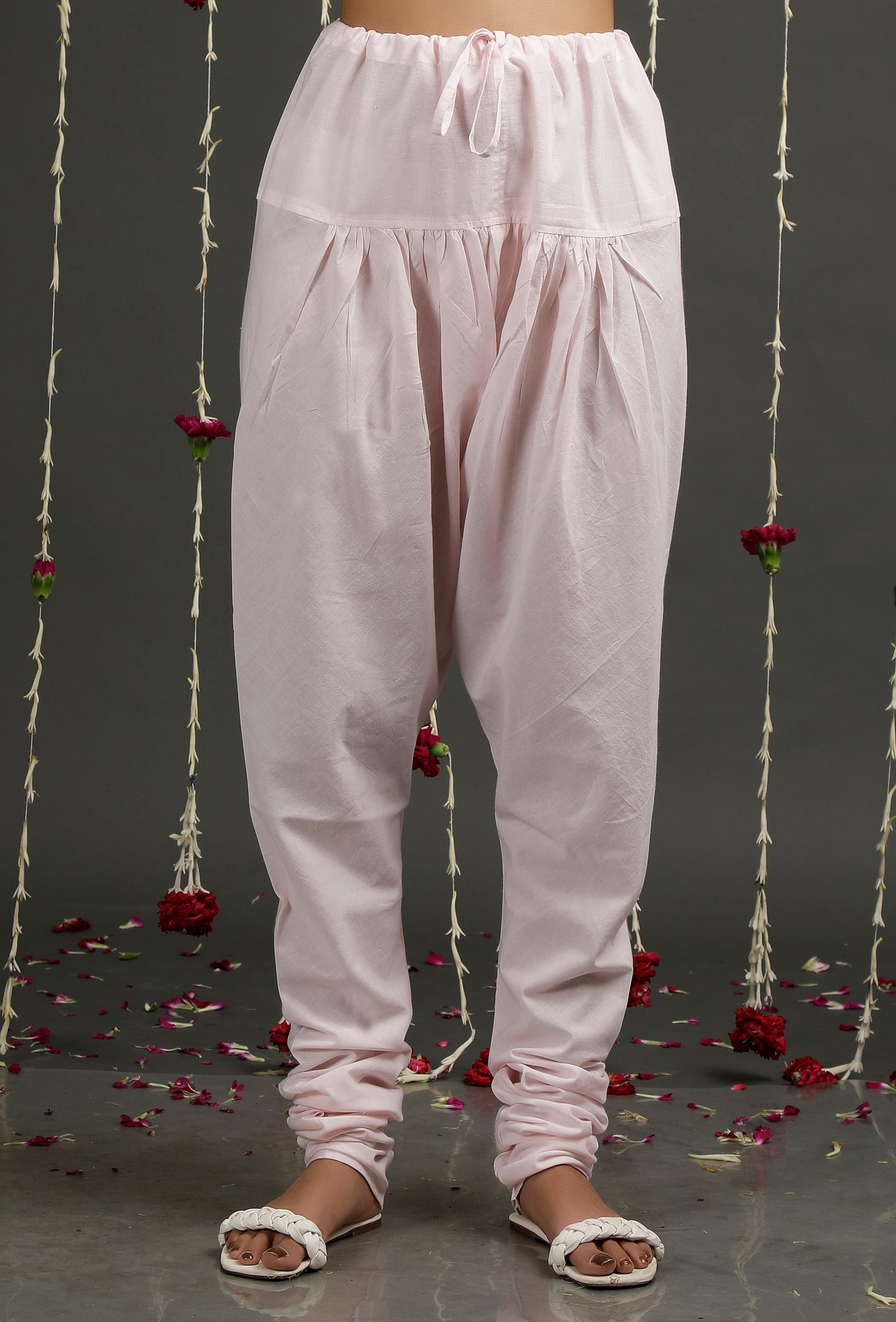 Set Of 2: Pearl Pink Floral Jamdani Angrakha Kurta Dress With Pink Churidar Pants