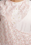 Set Of 2: Pearl Pink Floral Jamdani Angrakha Kurta Dress With Pink Churidar Pants