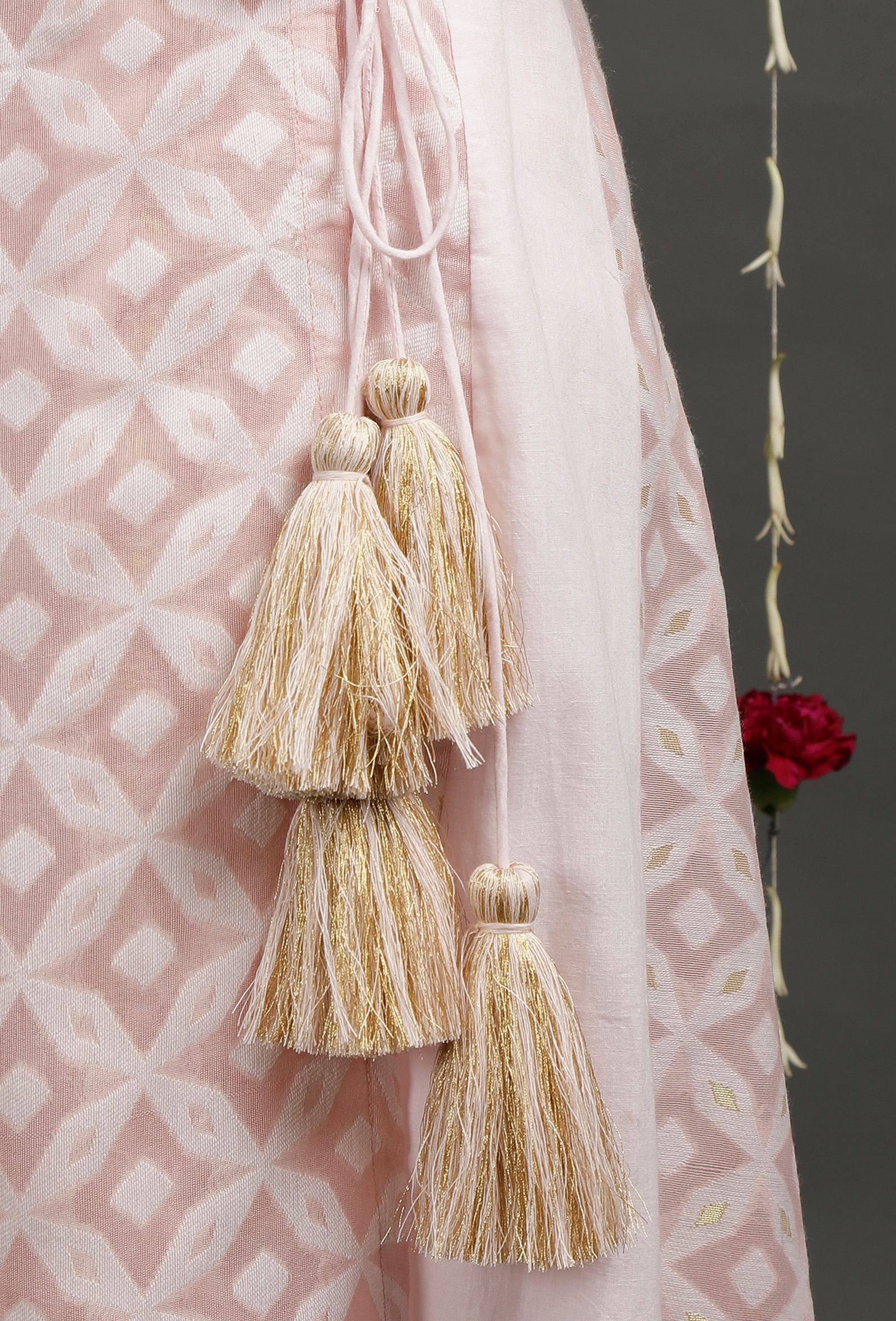 Set Of 2: Pearl Pink Floral Jamdani Angrakha Kurta Dress With Pink Churidar Pants
