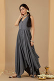 Grey Rayon Sleeveless Asymmetrical Gathered Kurta