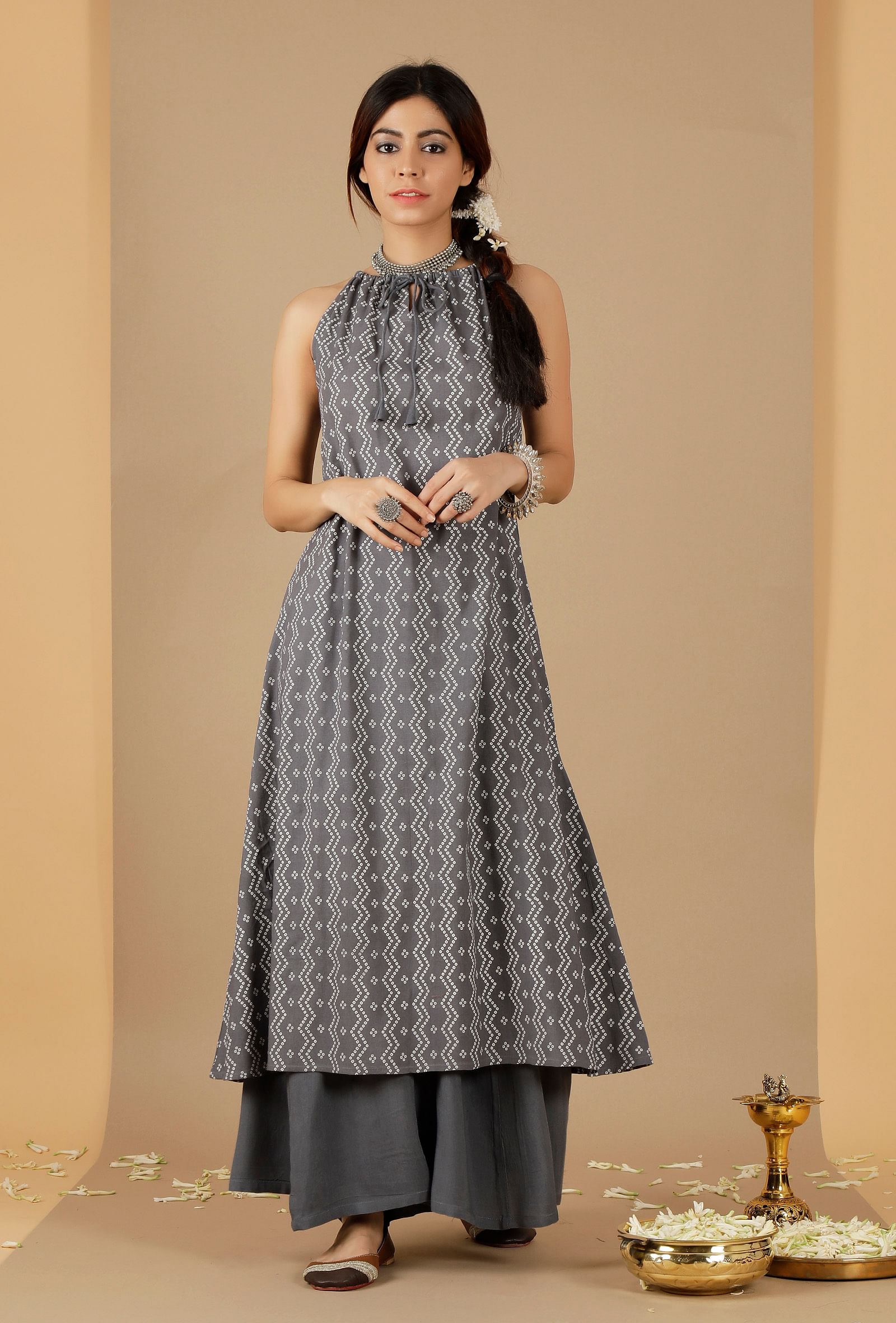 Pure Cotton Halter Neck Midi Dark Brown Dress Hand Block Printed |  Indiehaat – Indiehaat.com