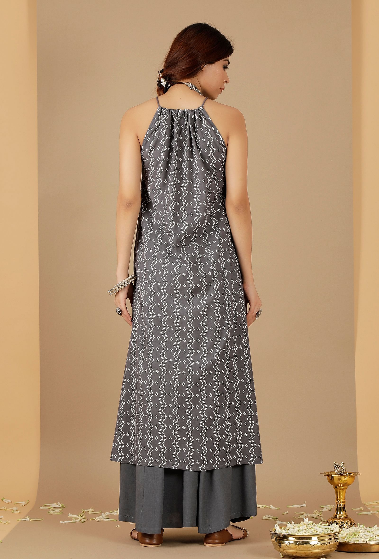 GREY CHIKANKARI KALI PLAZO WITH SHORT KURTA SUIT - PS The Design House