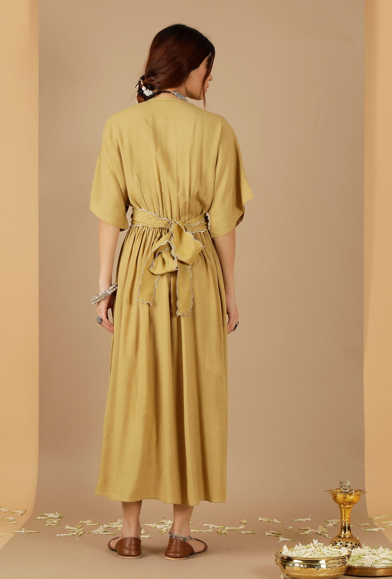 Bandhani Gathered & Flared Dress With Attached Belt