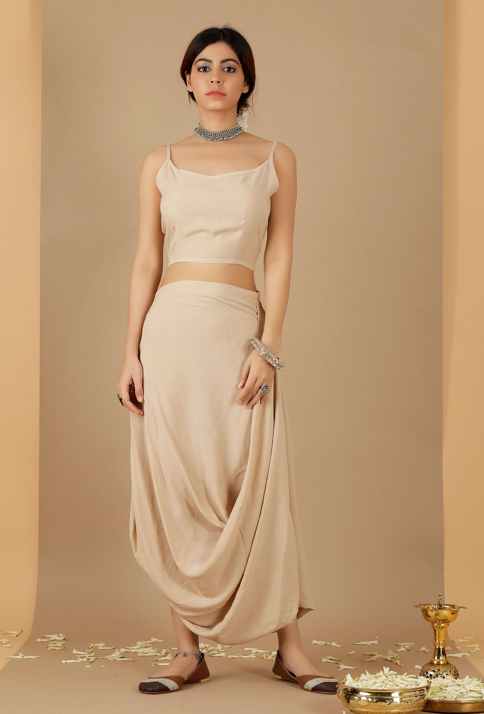 Set Of 2 Beige Plain Crop Top Drape Skirt