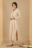 Set Of 2: Beige Gathered Kurta With Pockets & Straight Pants